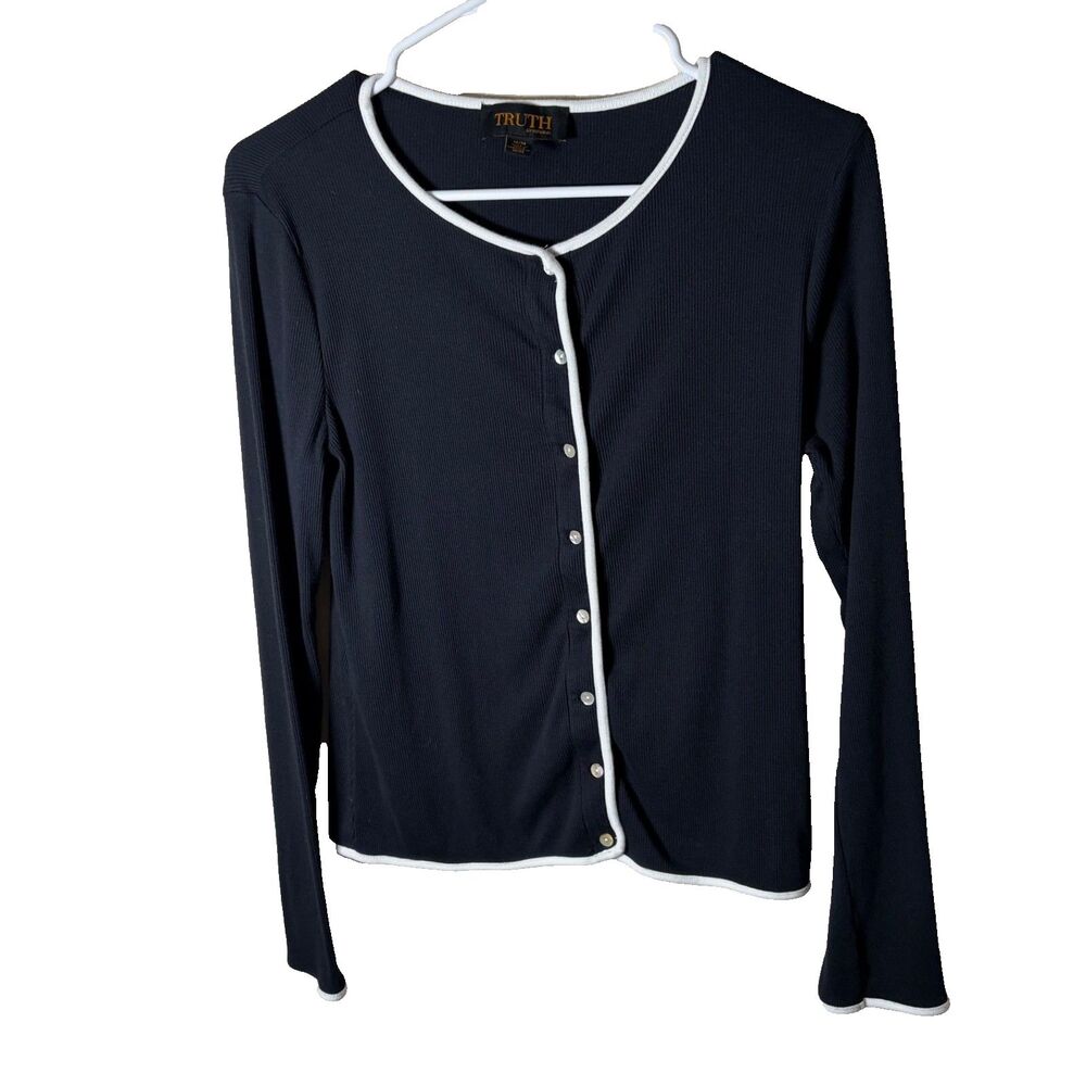 Truth Sweater Women's Medium Blue Cardigan Button Up Ribbed Long Sleeve
